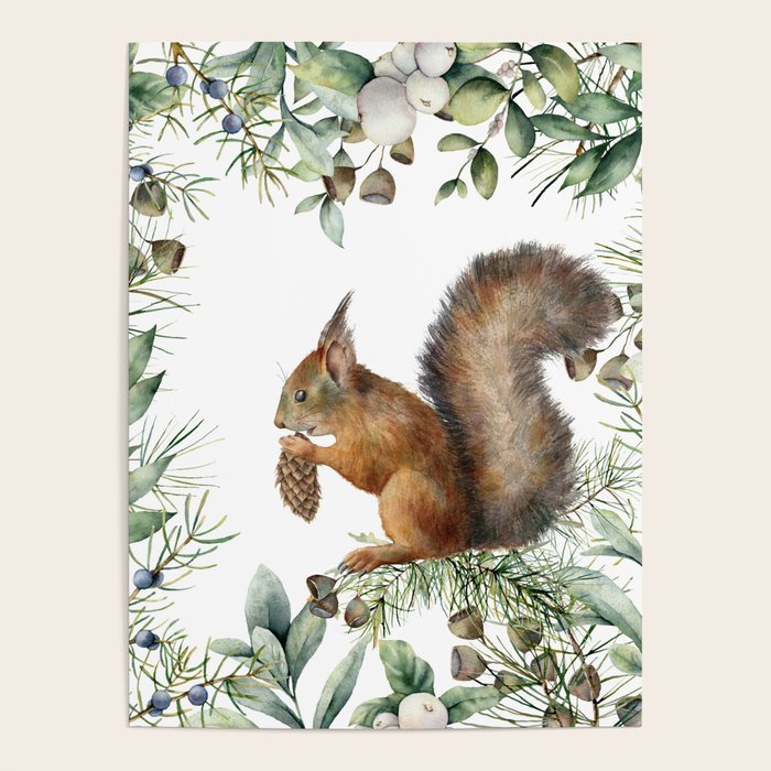 Cute Squirrel and Woodland, Watercolor Poster Gallery Image 4