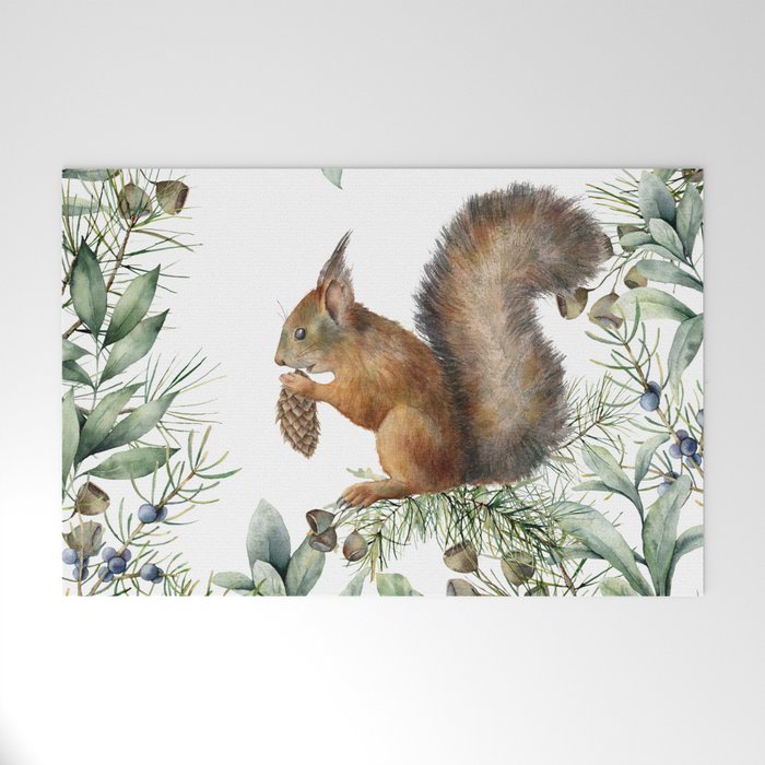 Cute Squirrel and Woodland, Watercolor Welcome Mat Gallery Image 1