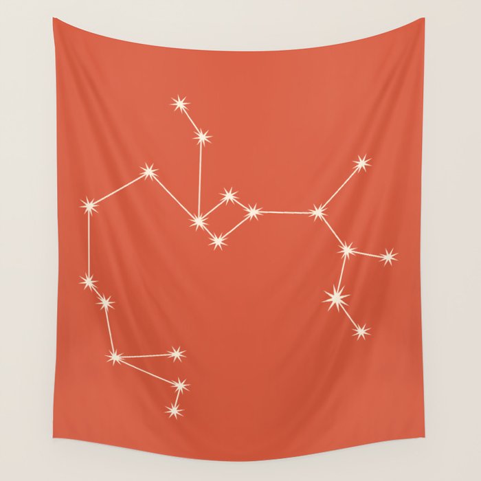 Sagittarius Zodiac Star Constellation Line Art Coral Red Wall Tapestry Gallery Image 4