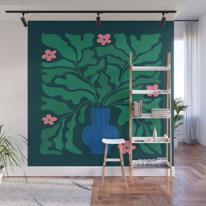 Summer Bloom: Pine Green Leaves & Pink Poppies Wall Mural Gallery Image 1