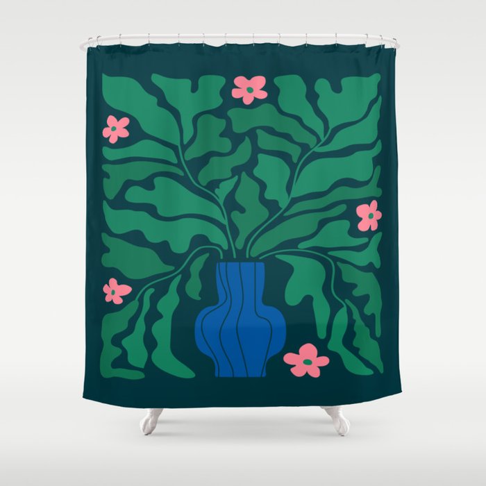 Summer Bloom: Pine Green Leaves & Pink Poppies Shower Curtain Gallery Image 1