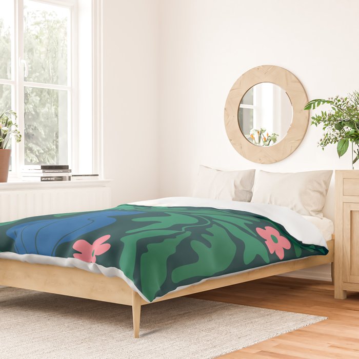 Summer Bloom: Pine Green Leaves & Pink Poppies Duvet Cover Gallery Image 2