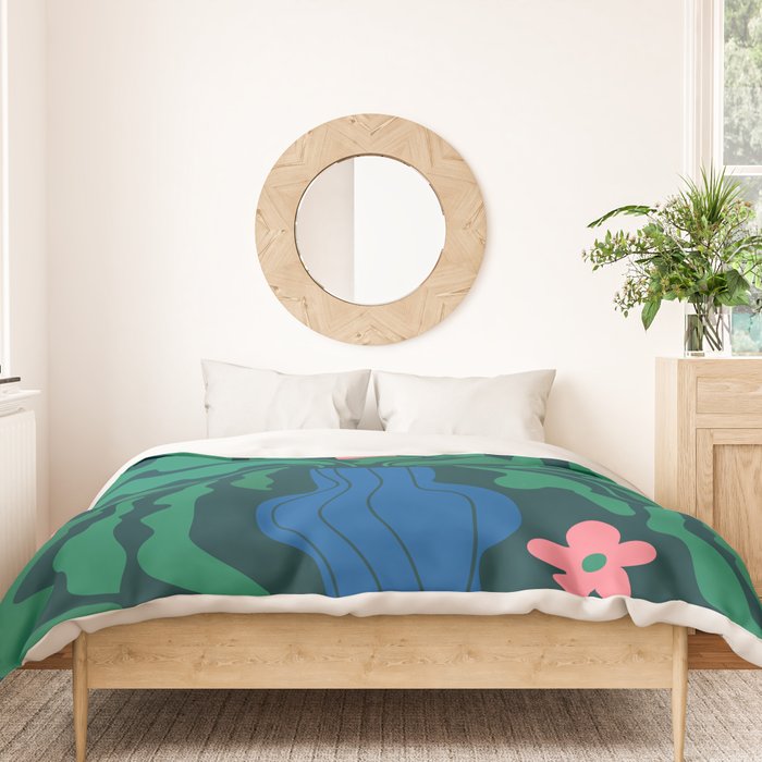 Summer Bloom: Pine Green Leaves & Pink Poppies Duvet Cover Gallery Image 3