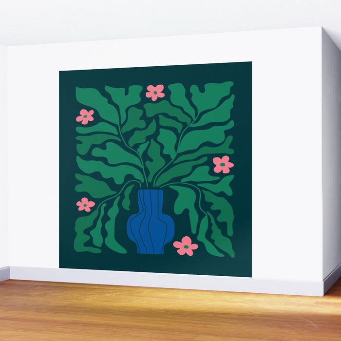 Summer Bloom: Pine Green Leaves & Pink Poppies Wall Mural Gallery Image 2