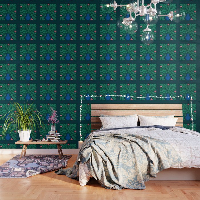 Summer Bloom: Pine Green Leaves & Pink Poppies Wallpaper Gallery Image 3