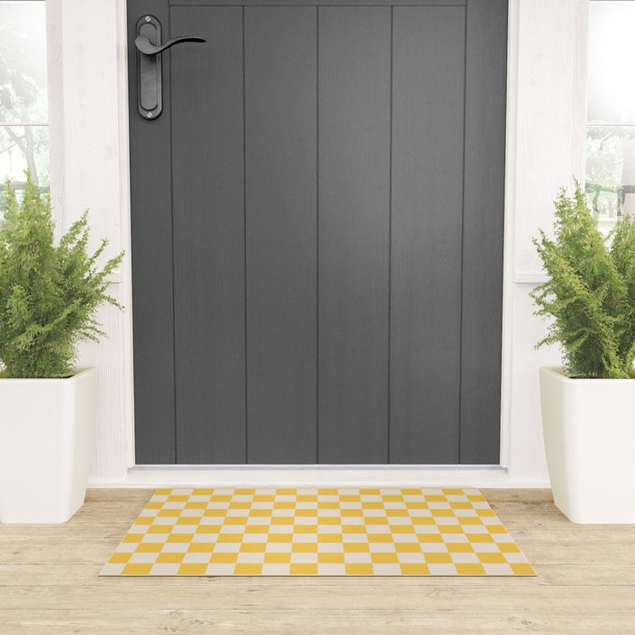 Checkerboard Check Checkered Pattern Yellow Cream Welcome Mat Gallery Image 3