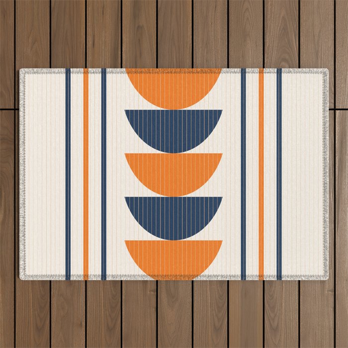 Abstract Shapes 76 in Orange and Navy Blue (Moon Phase Geometric Abstraction) Outdoor Rug Gallery Image 1
