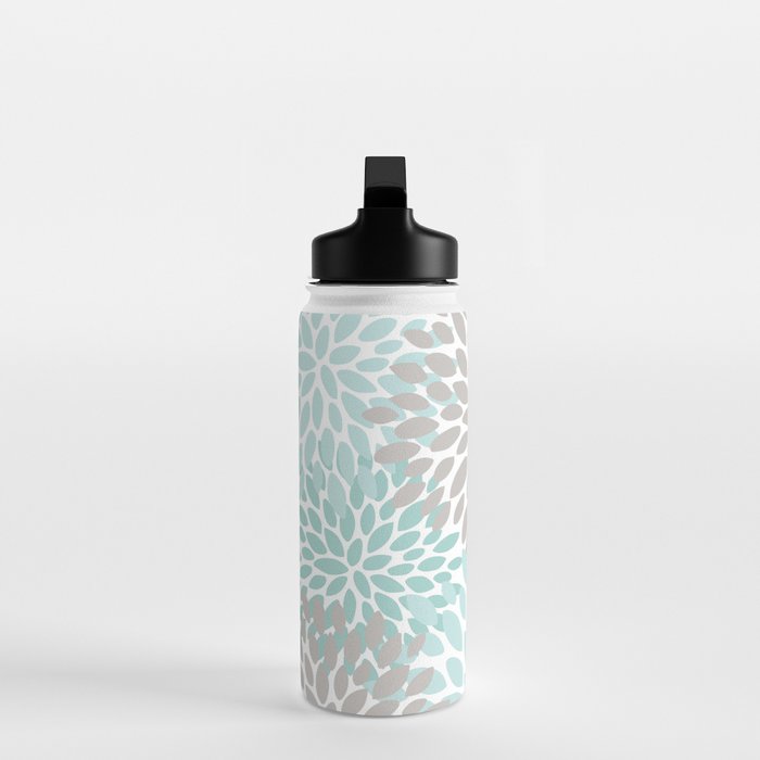 Floral Pattern, Teal, Aqua, Turquoise,Gray Water Bottle Gallery Image 3
