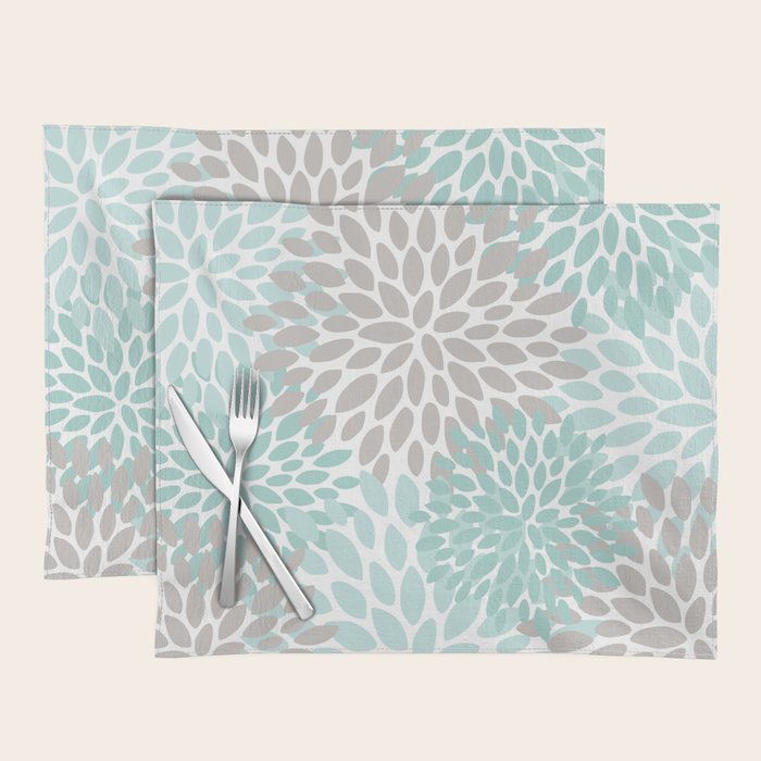 Floral Pattern, Teal, Aqua, Turquoise,Gray Placemat Gallery Image 1