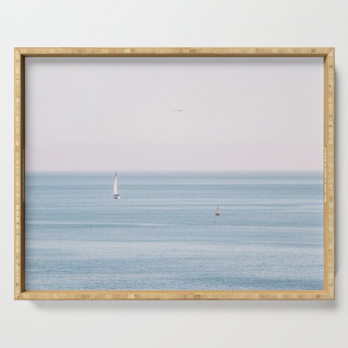 Ocean - Sail boat in calm sea - travel photography Serving Tray Gallery Image 1