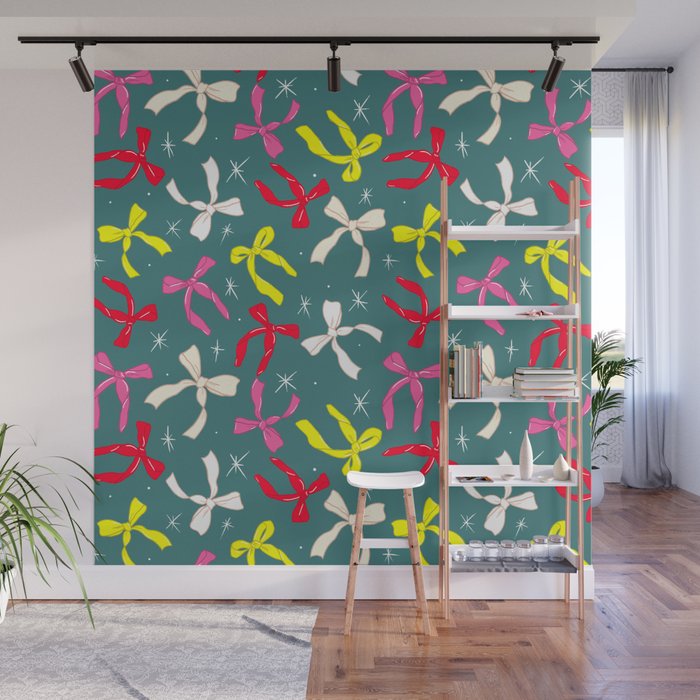 Festive Ribbons Pattern On Teal Wall Mural Gallery Image 1