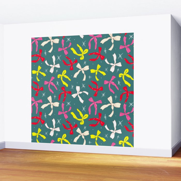 Festive Ribbons Pattern On Teal Wall Mural Gallery Image 2