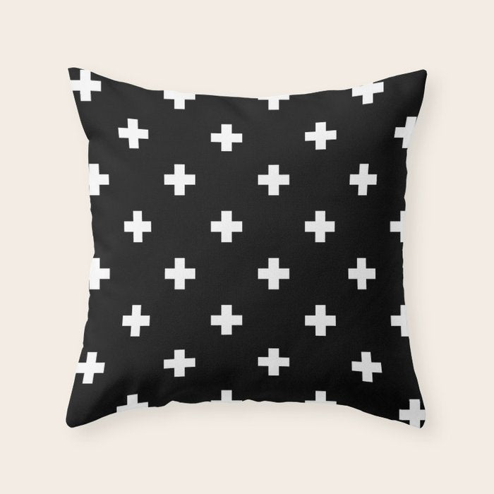 Swiss cross pattern white on black Throw Pillow Gallery Image 6
