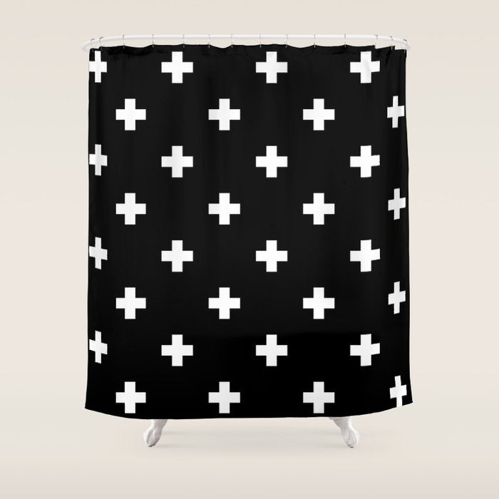 Swiss cross pattern white on black Shower Curtain Gallery Image 1