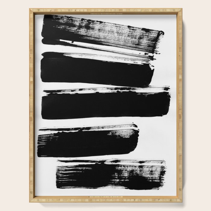 Stripes Black & White Minimalist Abstract Mid century Ink Art Dark Brush Strokes Serving Tray Gallery Image 1