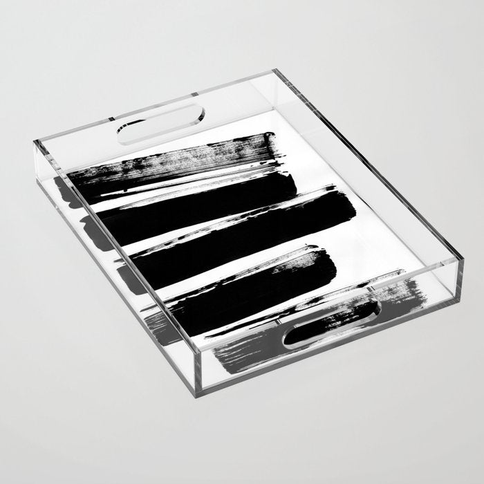 Stripes Black & White Minimalist Abstract Mid century Ink Art Dark Brush Strokes Acrylic Tray Gallery Image 1