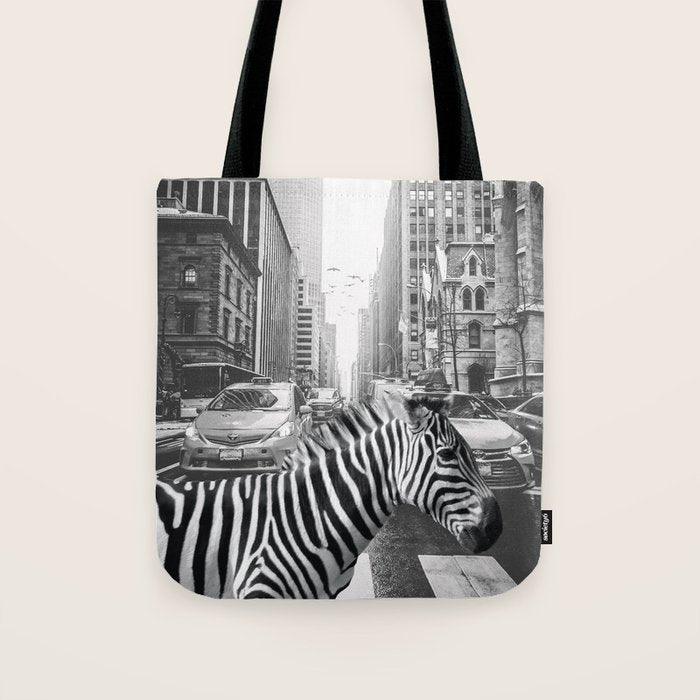 Zebra In The City - Black And White Photography Collage Tote Bag Gallery Image 1