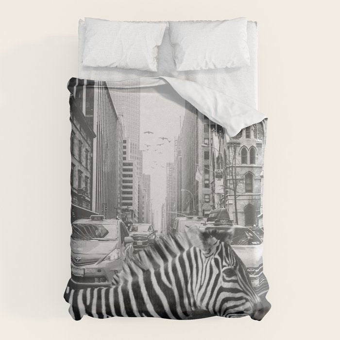 Zebra In The City - Black And White Photography Collage Duvet Cover Gallery Image 6