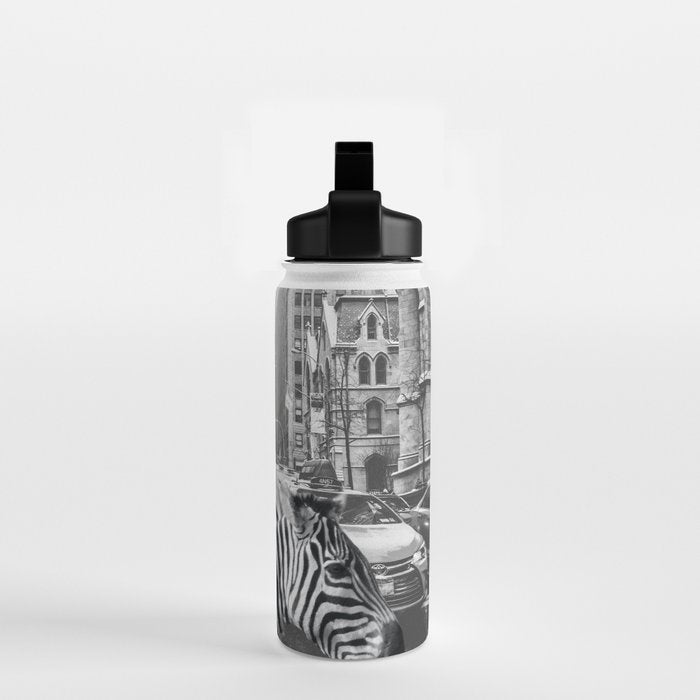 Zebra In The City - Black And White Photography Collage Water Bottle Gallery Image 2