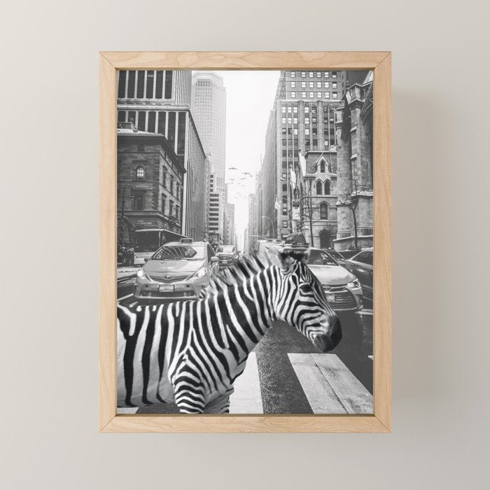Zebra In The City - Black And White Photography Collage Mini Art Print Gallery Image 1