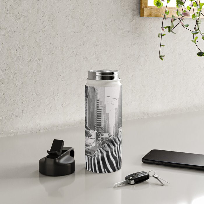 Zebra In The City - Black And White Photography Collage Water Bottle Gallery Image 4
