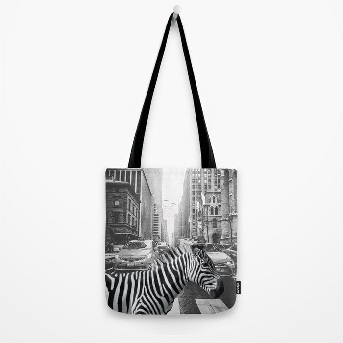 Zebra In The City - Black And White Photography Collage Tote Bag Gallery Image 2