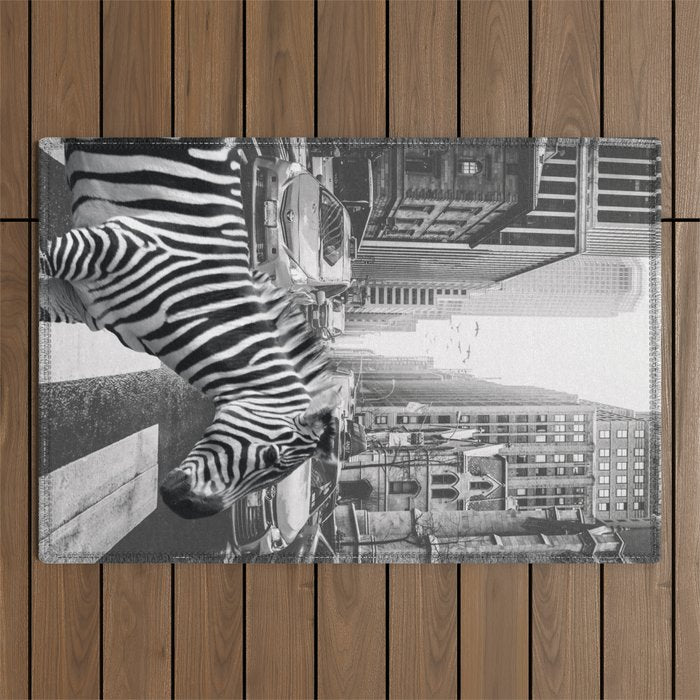 Zebra In The City - Black And White Photography Collage Outdoor Rug Gallery Image 1