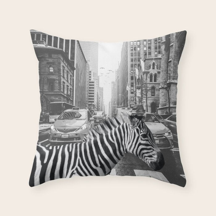 Zebra In The City - Black And White Photography Collage Throw Pillow Gallery Image 6