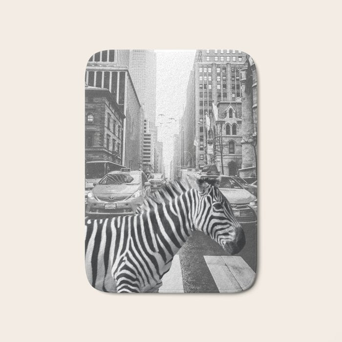 Zebra In The City - Black And White Photography Collage Bath Mat Gallery Image 1