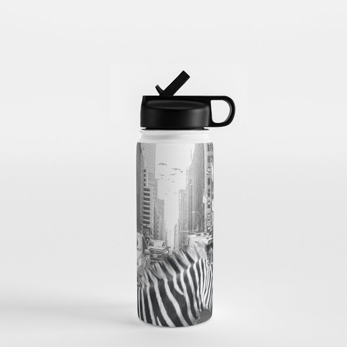 Zebra In The City - Black And White Photography Collage Water Bottle Gallery Image 1