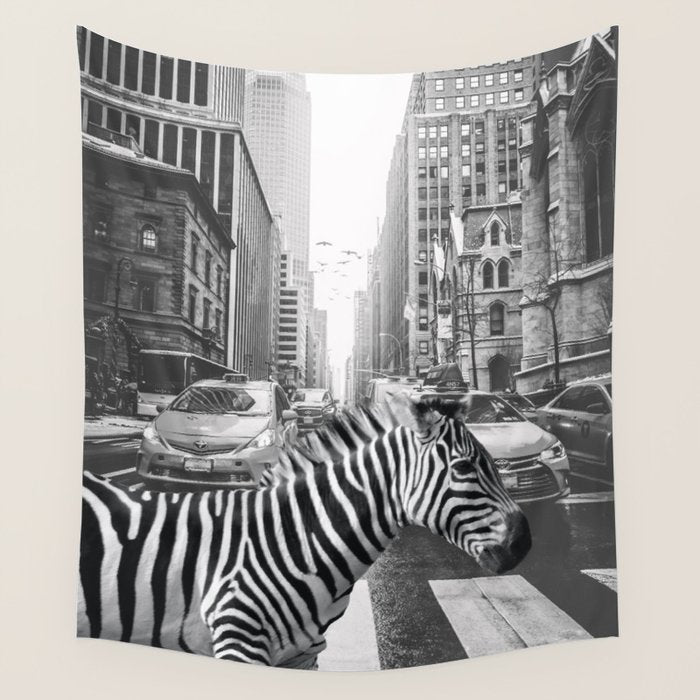Zebra In The City - Black And White Photography Collage Wall Tapestry Gallery Image 4