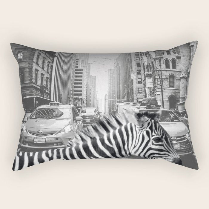 Zebra In The City - Black And White Photography Collage Rectangular Pillow Gallery Image 1