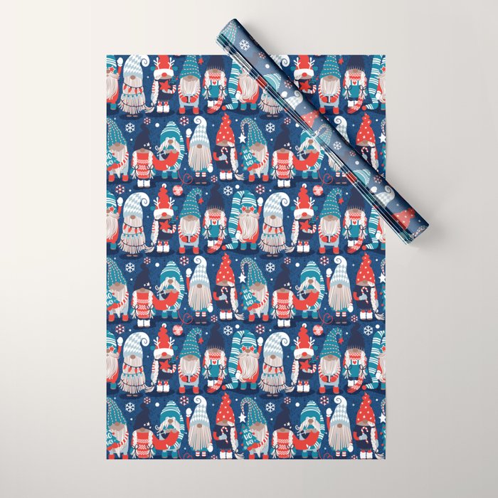 Let it gnome // blue background little Santa's helpers preparing for Christmas neon red classic oxford and pastel blue dressed gnomes Wrapping Paper Gallery Image 1