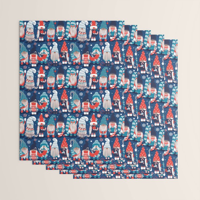 Let it gnome // blue background little Santa's helpers preparing for Christmas neon red classic oxford and pastel blue dressed gnomes Wrapping Paper Gallery Image 3