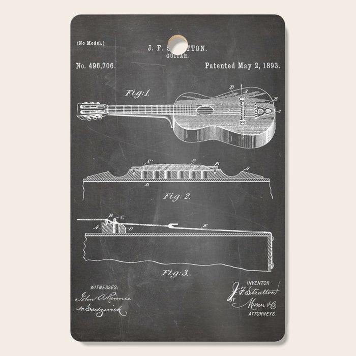 Acoustic Guitar Patent - Guitar Player Music Lover Art - Black Chalkboard Cutting Board Gallery Image 1