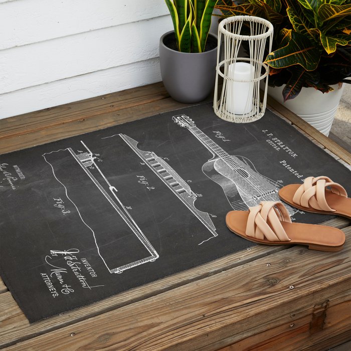 Acoustic Guitar Patent - Guitar Player Music Lover Art - Black Chalkboard Outdoor Rug Gallery Image 2