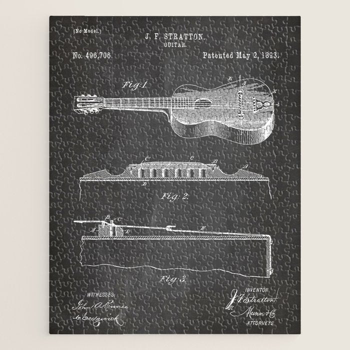 Acoustic Guitar Patent - Guitar Player Music Lover Art - Black Chalkboard Jigsaw Puzzle