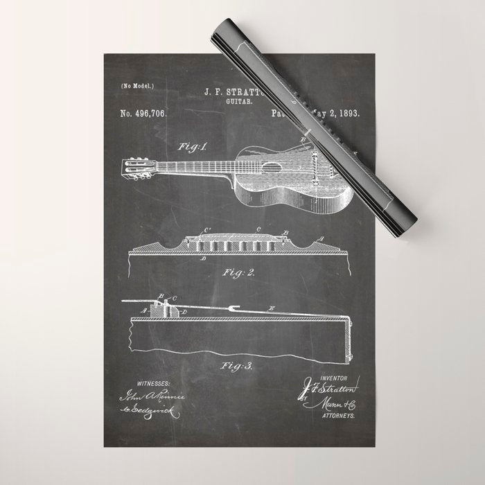Acoustic Guitar Patent - Guitar Player Music Lover Art - Black Chalkboard Wrapping Paper Gallery Image 1