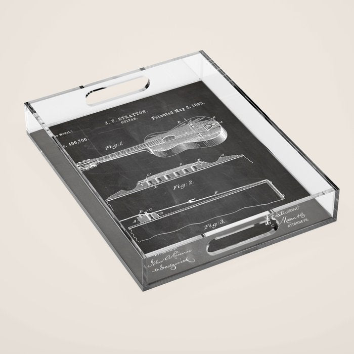 Acoustic Guitar Patent - Guitar Player Music Lover Art - Black Chalkboard Acrylic Tray Gallery Image 1