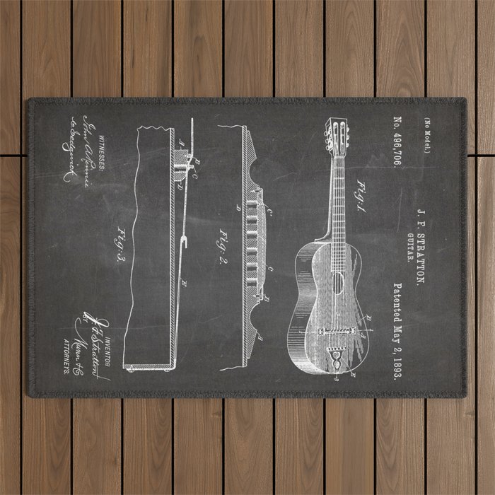 Acoustic Guitar Patent - Guitar Player Music Lover Art - Black Chalkboard Outdoor Rug Gallery Image 1