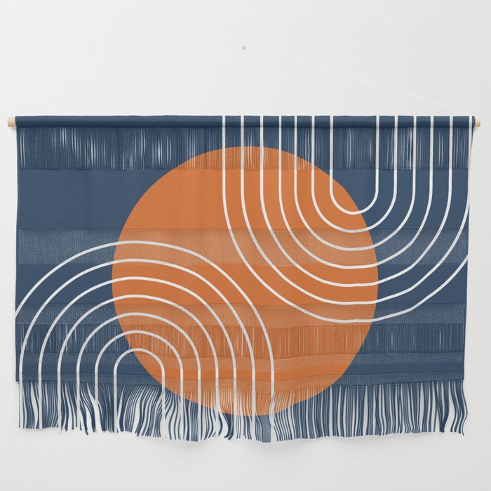 Mid Century Modern Geometric 161 Sun Rainbow abstract in Navy Blue Orange Wall Hanging Gallery Image 1