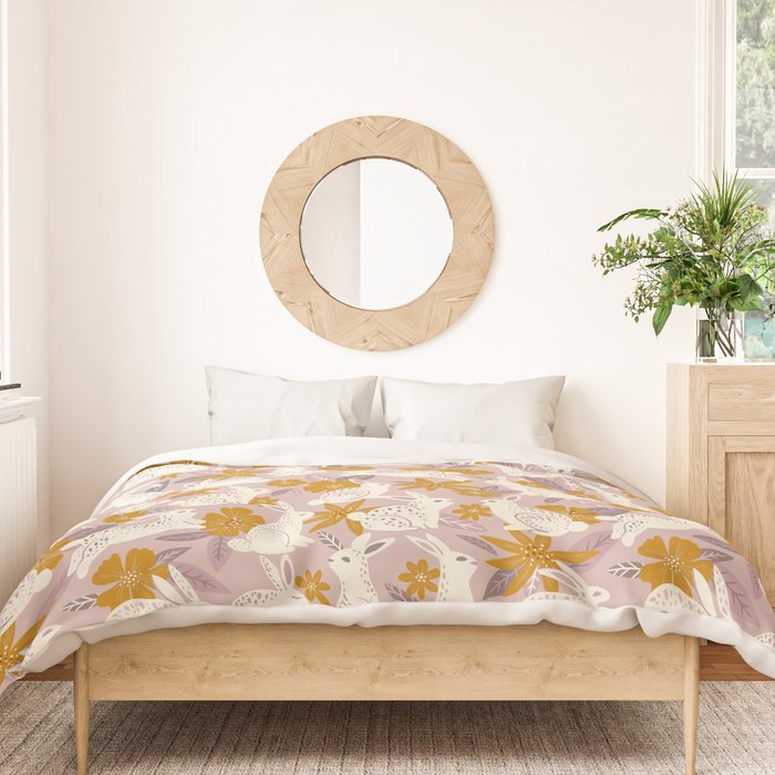Bunnies & Blooms - Mauve & Ochre Palette Duvet Cover Gallery Image 3