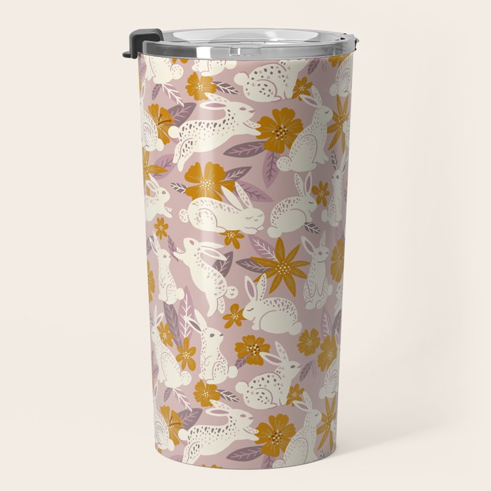 Bunnies & Blooms - Mauve & Ochre Palette Travel Mug Gallery Image 3
