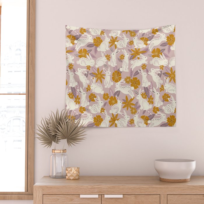 Bunnies & Blooms - Mauve & Ochre Palette Wall Tapestry Gallery Image 2
