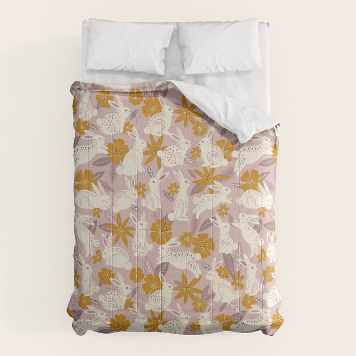 Bunnies & Blooms - Mauve & Ochre Palette Comforter Gallery Image 6