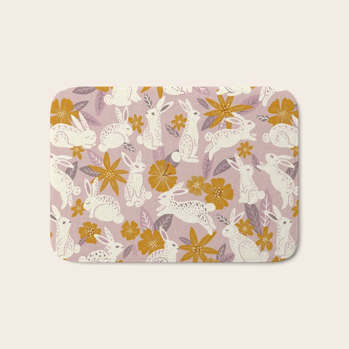 Bunnies & Blooms - Mauve & Ochre Palette Bath Mat Gallery Image 1