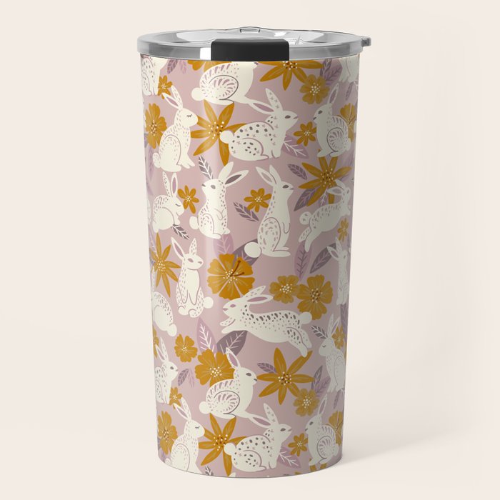 Bunnies & Blooms - Mauve & Ochre Palette Travel Mug Gallery Image 1