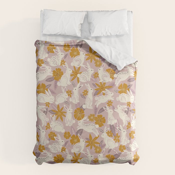 Bunnies & Blooms - Mauve & Ochre Palette Duvet Cover Gallery Image 1