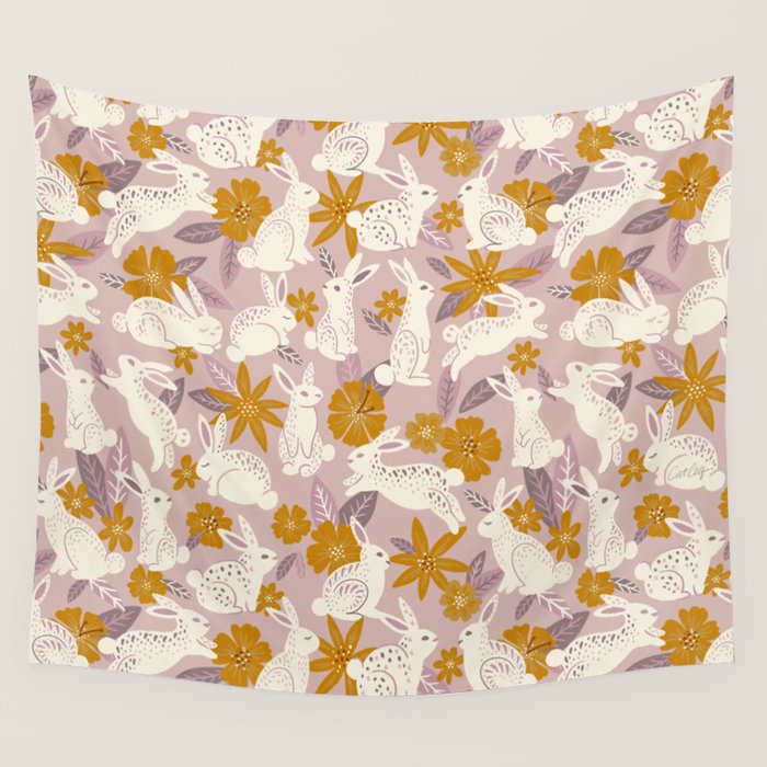 Bunnies & Blooms - Mauve & Ochre Palette Wall Tapestry Gallery Image 1