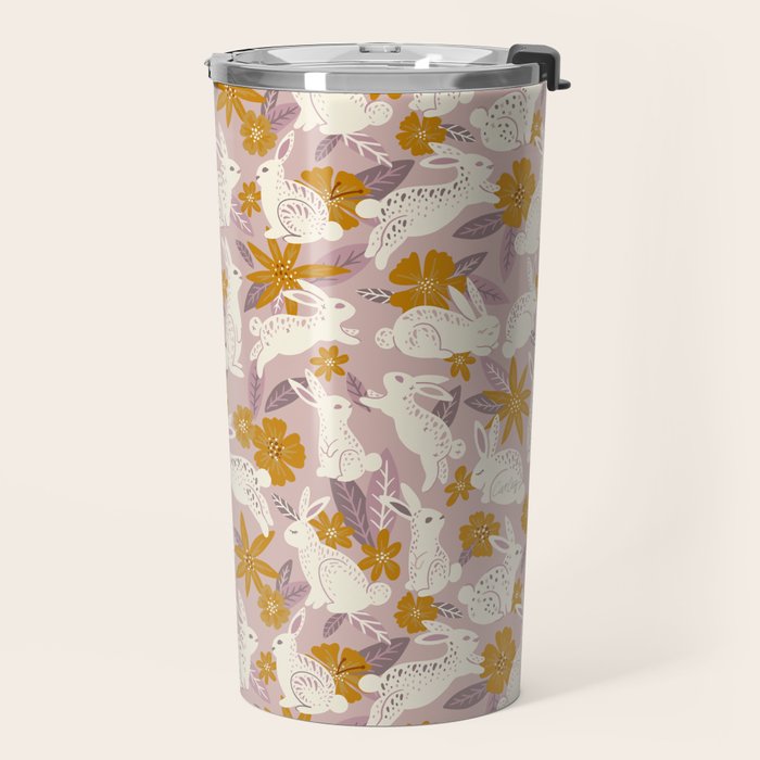 Bunnies & Blooms - Mauve & Ochre Palette Travel Mug Gallery Image 2